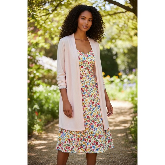 Threads 4 Thought Sweaters - J. Jill Soft Pink Linen Blend Open Front Longline Cardigan with Fringe Cuffs L